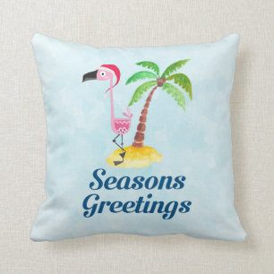 Säsonhälsningar Rosa Flamingo i Santa Hat Kudde