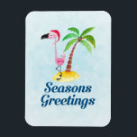 Säsonhälsningar Rosa Flamingo i Santa Hat Magnet<br><div class="desc">Festive christmas flex-magnet med texten: Säsonhälsningar. En viskig teckning av en rosa flamingo som bar en röd tomhatt. Stå på ett berg av strand med gult med grönt och brunt kokosnöt handflatan träd i ryggen. Ljusblå bakgrund. Tur- och roligt-tropiska former.</div>