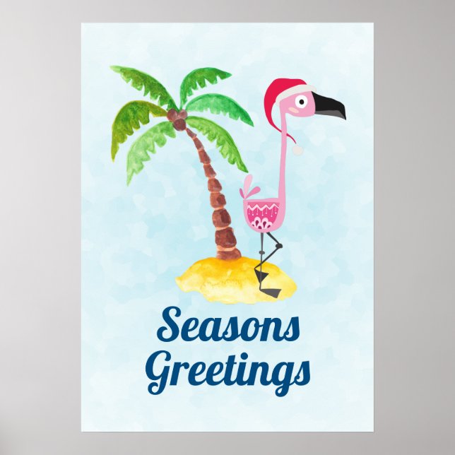 Säsonhälsningar Rosa Flamingo i Santa Hat Poster (Framsidan)