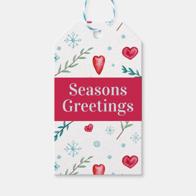 Säsonhälsningar | Snöflingor och Helgdag av hjärta Presentetikett (Framsidan)