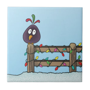 Säsonhälsningar Tecknad Bird on Fence Kakelplatta