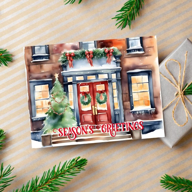 Säsonhälsningar Vintergatan i jul New York Vykort (Seasons greetings Christmas postcard watercolor New York Christmas decorated street building)