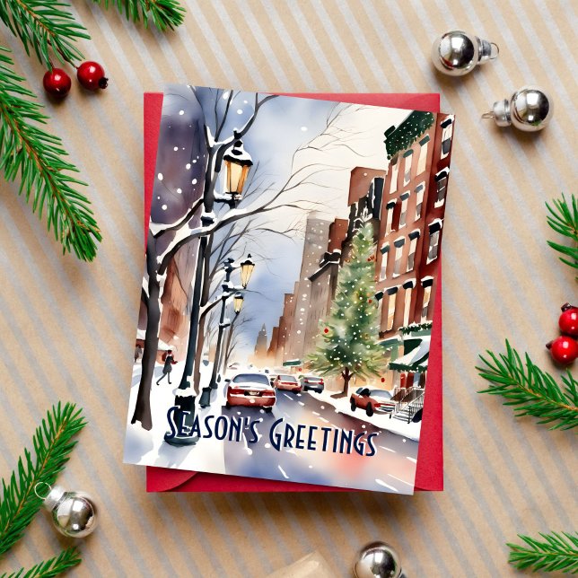 Säsonhälsningar Vintergatan i jul New York Vykort (Seasons greetings New York snowy winter street modern watercolor postcard Christmas postcard)