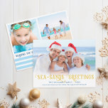 Säsonhälsningars Funny Beach Julkort<br><div class="desc">Snabb och enkel beställning! Vill du fira en kustjul eller åka till stranden för helgdagarna? Du kommer att ge dina vänner och familjens ansikte ett leende när du skickar dem detta "Sea-Sands Hälsning"-fotokort. Med en rolig pun har den här nautiska helgdag blå rand, guld typografi och rum för 3 foton....</div>