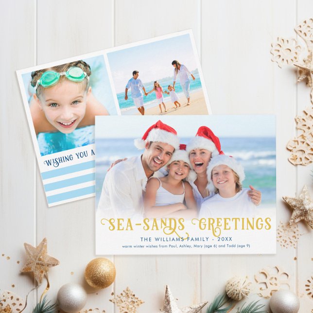 Säsonhälsningars Funny Beach Julkort (Funny Coastal Christmas Card "Sea Sands Greetings" Season's Greetings pun with 3 photos)