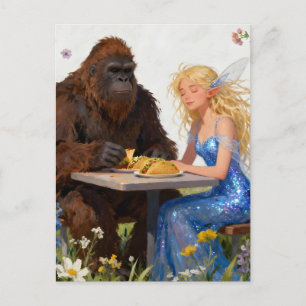 Sasquatch and a Fairy Eating Tacos Vykort