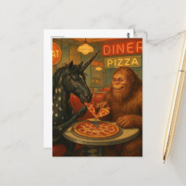 Sasquatch and a Unicorn Appaloosa Eating Pizza Vykort