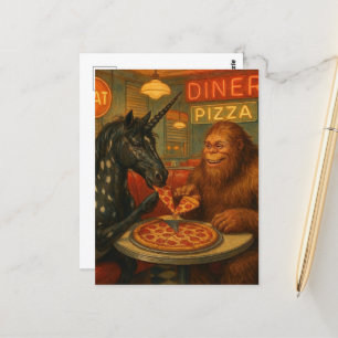 Sasquatch and a Unicorn Appaloosa Eating Pizza Vykort