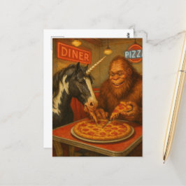 Sasquatch and a Unicorn Eating Pizza Vykort