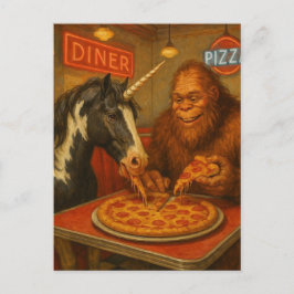 Sasquatch and a Unicorn Eating Pizza Vykort