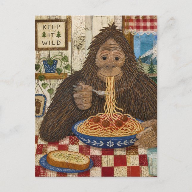 Sasquatch äter spagetti vykort (Framsida)