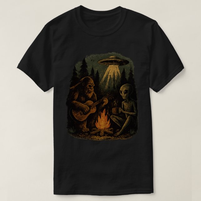 Sasquatch Bigfoot Gitarr Och Alien Lägger Eld I UF T Shirt (Design framsida)