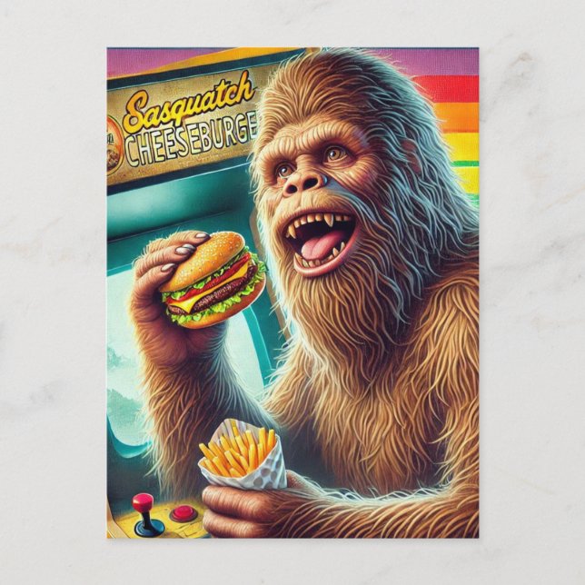 Sasquatch Cheeseburger och Fries Retro Arcade Vykort (Framsida)