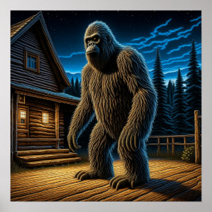 Sasquatch framför en stuga i skogen poster