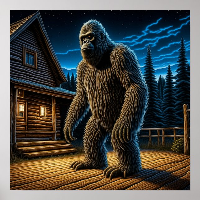 Sasquatch framför en stuga i skogen poster (Framsidan)