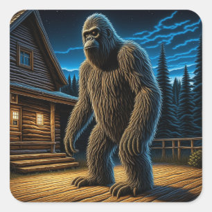 Sasquatch framför Log Cabin i Skogen Fyrkantigt Klistermärke