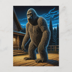 Sasquatch framför Log Cabin i Skogen Vykort