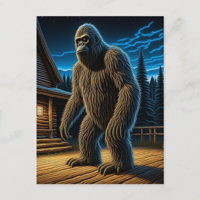 Sasquatch framför Log Cabin i Skogen Vykort (Framsida)