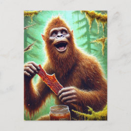 Sasquatch i myssy-skog med en burk nötskockas vykort