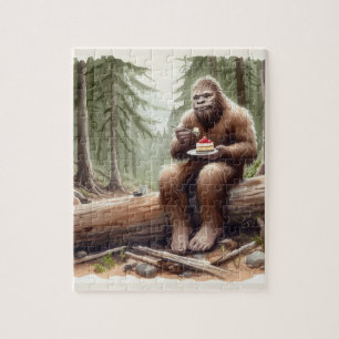 Sasquatch in mossy forest with a cheesecake pussel