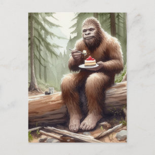 Sasquatch in mossy forest with a cheesecake vykort