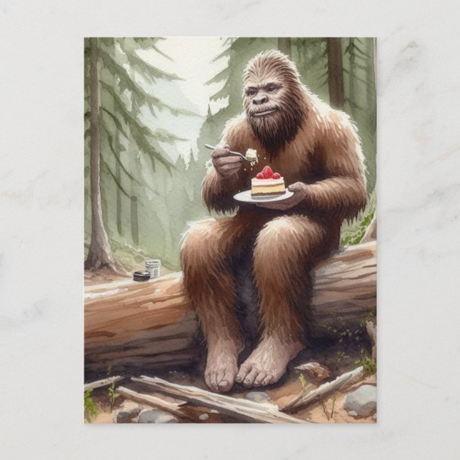 Sasquatch in mossy forest with a cheesecake vykort (Framsida)