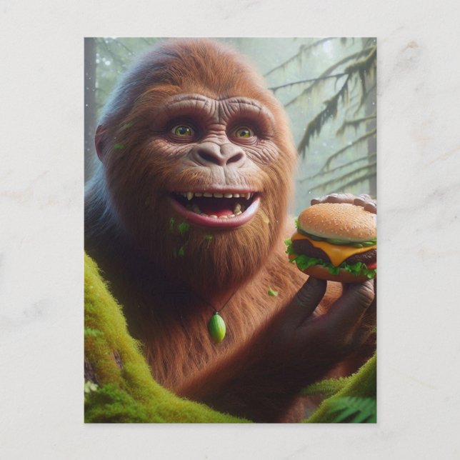 Sasquatch in mossy forest with Cheeseburger Vykort (Framsida)