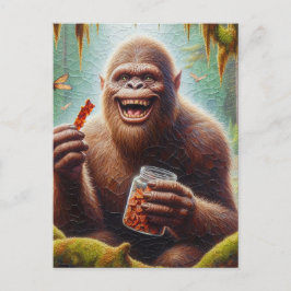 Sasquatch in mossy forest with found burk of jerky vykort