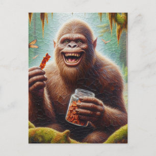 Sasquatch in mossy forest with found burk of jerky vykort