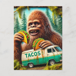 Sasquatch in mossy forest with tacos vykort