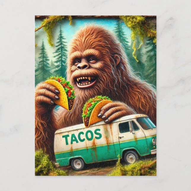 Sasquatch in mossy forest with tacos vykort (Framsida)