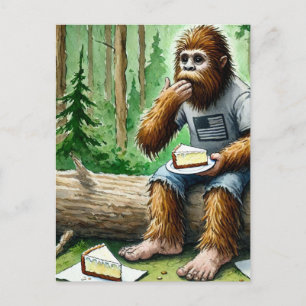 Sasquatch in mossy forest with yummy cheesecake vykort