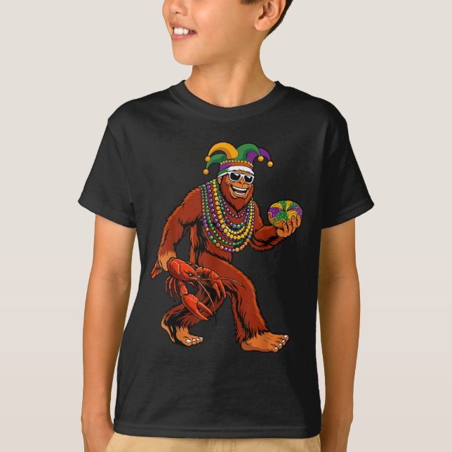 Sasquatch Mardi Gras Bigfoot Parade Beads King Cak T Shirt (Framsida)