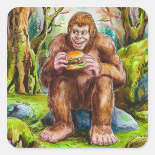 Sasquatch och Cheesburger i en Mossy-skog Fyrkantigt Klistermärke