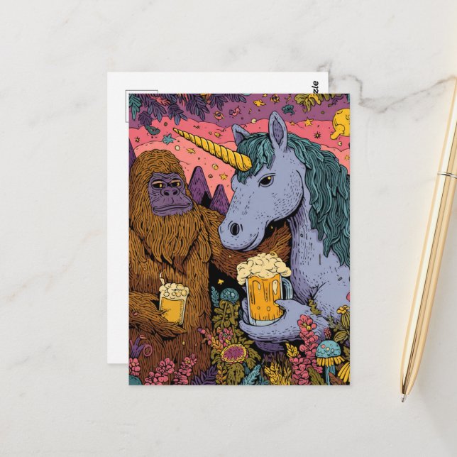 Sasquatch och enhörning som njuter av öl vykort (Fram/Back In Situ)