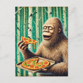 Sasquatch och Pizza i Birch Träd-skogen Vykort