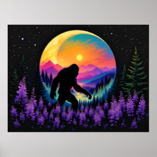 Sasquatch Rainbow Mountain Moon Väggur Poster