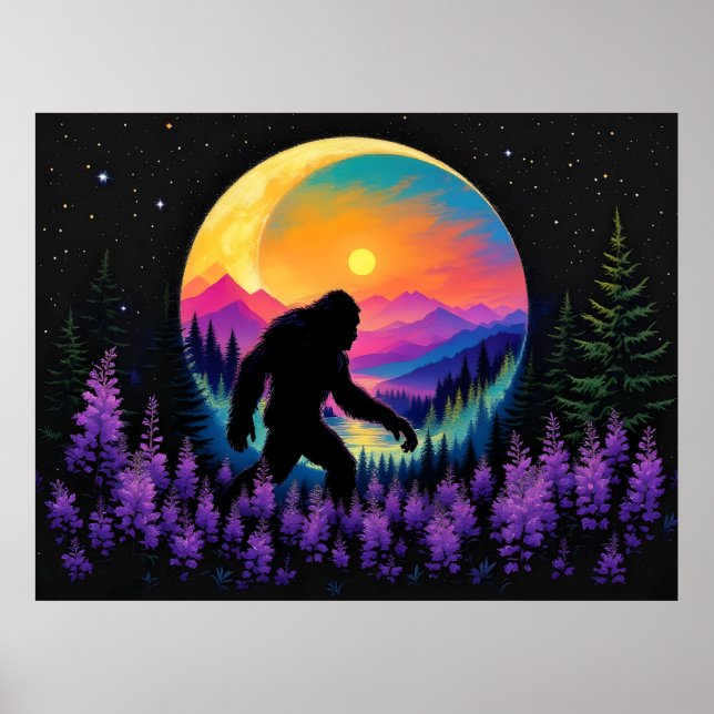 Sasquatch Rainbow Mountain Moon Väggur Poster (Framsidan)