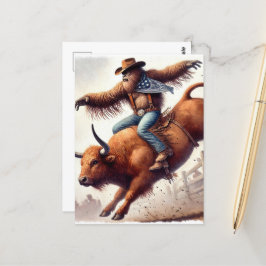 Sasquatch rider en rodeo bull fantasykonst vykort