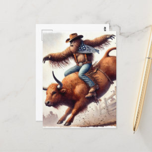 Sasquatch rider en rodeo bull fantasykonst vykort