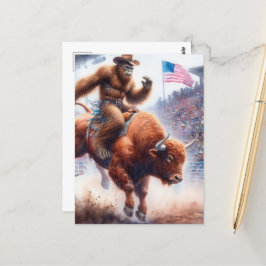 Sasquatch rider en rodeo bull fantasykonst vykort