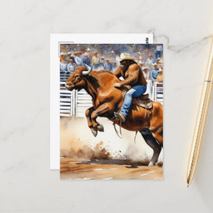Sasquatch Rides Brown Bull in Rodeo Watercolor Vykort