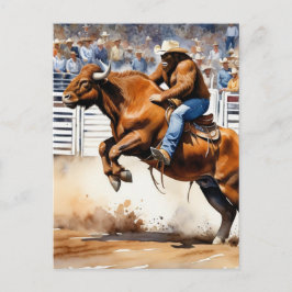 Sasquatch Rides Brown Bull in Rodeo Watercolor Vykort