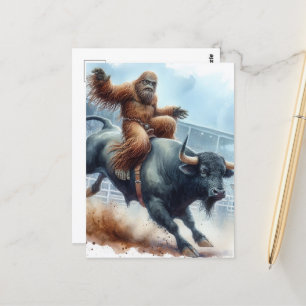 Sasquatch Rides Bull in Rodeo Watercolor Vykort