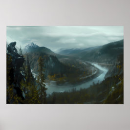 Sasquatch som förbiser en kuperad bergsdal poster