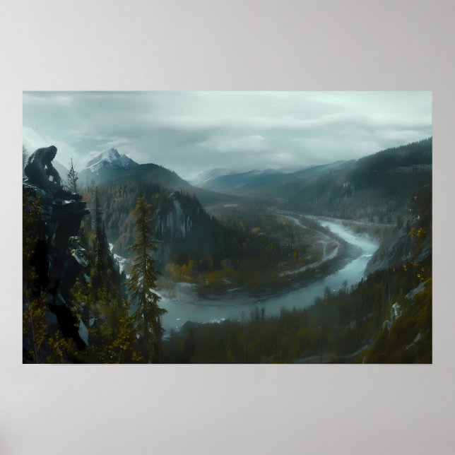 Sasquatch som förbiser en kuperad bergsdal poster (Framsidan)