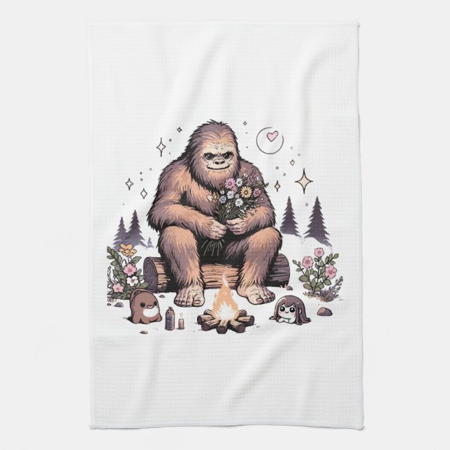 Sasquatch som håller blommor kökshandduk (Vertikal)