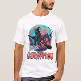 Sasqwitch Bigfoot Häxa Kvast Svart Katt Måne Hallo T Shirt