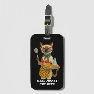 Sassig siamesisk katt lunchdame som serverar mat bagagebricka