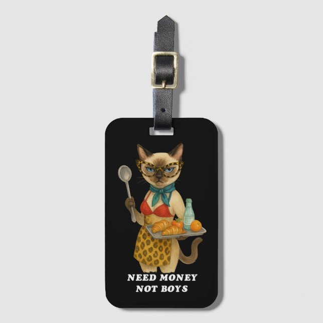 Sassig siamesisk katt lunchdame som serverar mat bagagebricka (Framsida vertikal)